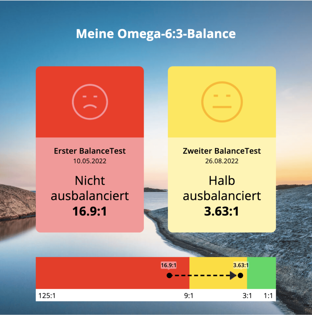 Zinzino Omega 3 zu 6 Bluttest Testergebnis von Bernadette Teuschl August 2022